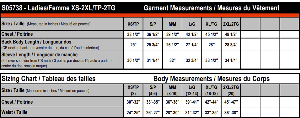 Ladies Long Sleeve Pique Mesh Polo size chart (ladies only)
