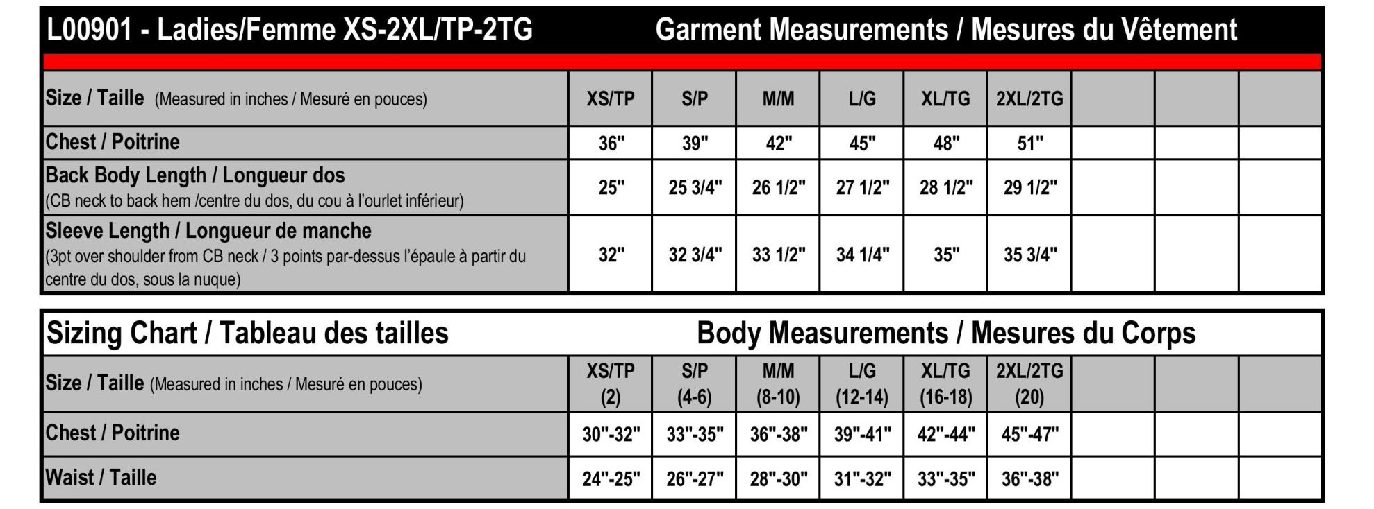 Ladies Puffy Jacket w Detachable Hood size chart (ladies only)