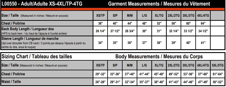 Adult Pullover Hooded Sweatshirt size chart